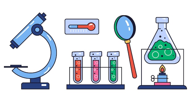 Laboratório de química ciência medicina garrafa garrafa linha arte esboço isolado conjunto coleção conceito