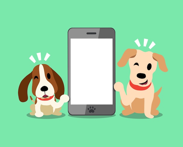 Labrador e cão de caça com smartphone