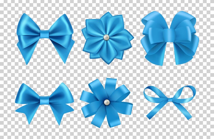 Vetor laços de cetim azul. laços de fita de seda com pérolas isoladas em fundo transparente. laço de cetim e decoração de seda para ilustração de celebração