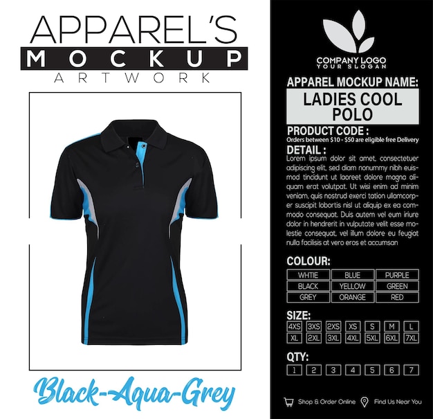 Ladies cool polo black aqua grey mockup artwork design (desenho de maquetes de roupas)