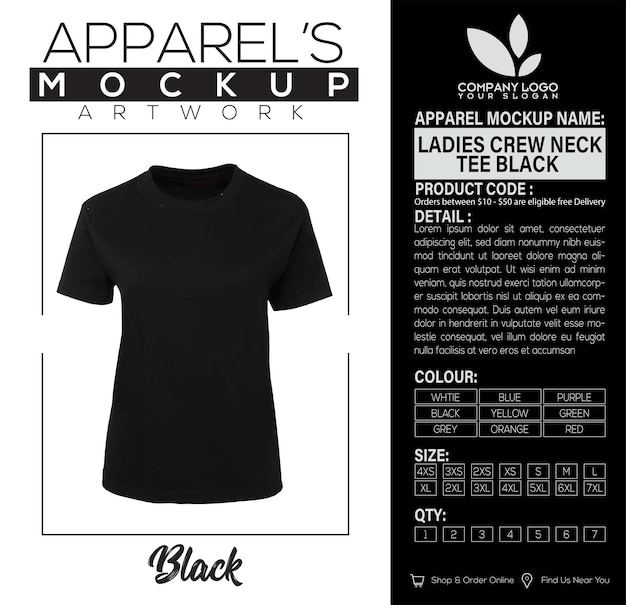 Ladies crew neck tee vestuário preto mockup de arte
