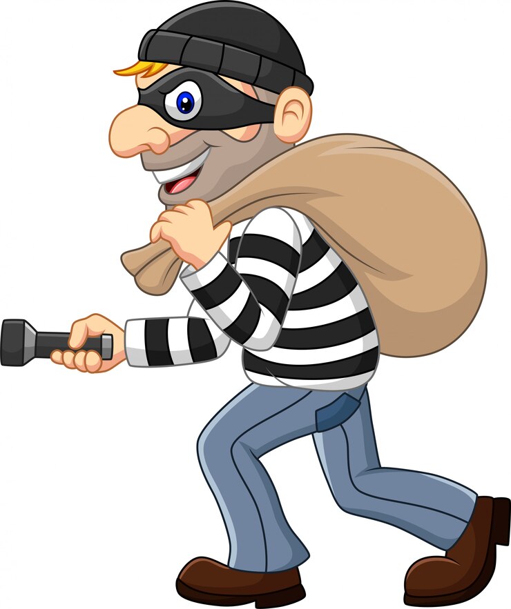 Vetor ladrão de desenho animado andando e carregando um saco com lanterna