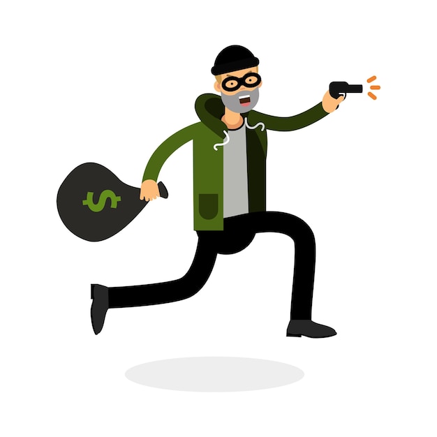 Ladrão em uma máscara correndo com uma arma e um saco de dinheiro personagem vetor Ilustração isolada em um fundo branco