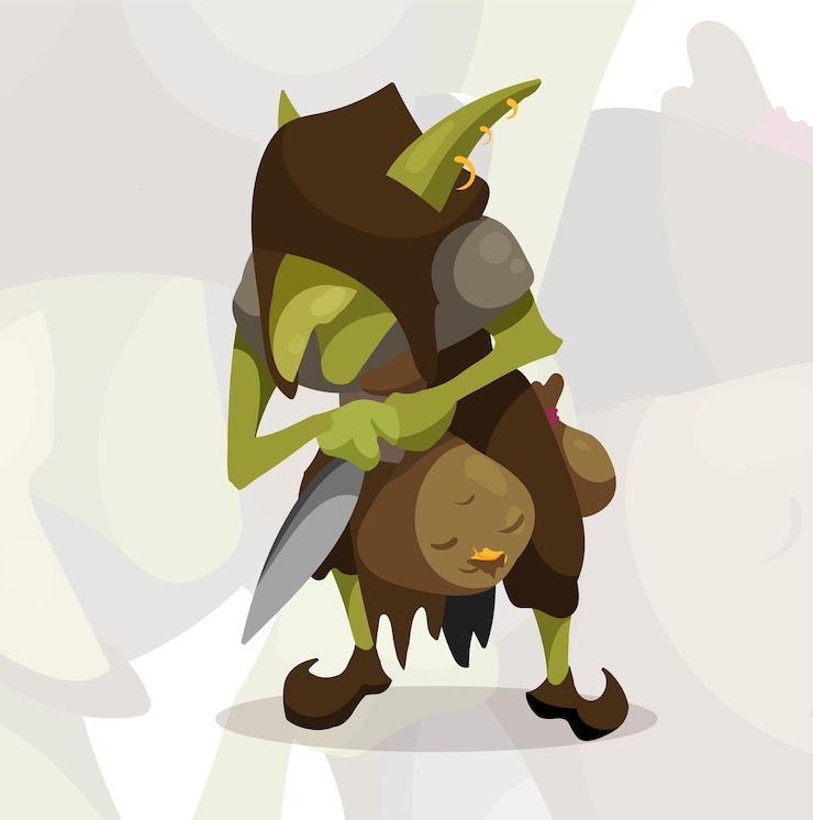 Vetor ladrão goblin verde com uma faca e um saco de ouro no estilo cartoon