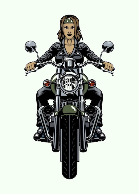 Lady biker andando de motocicleta velha no ângulo de visão frontal