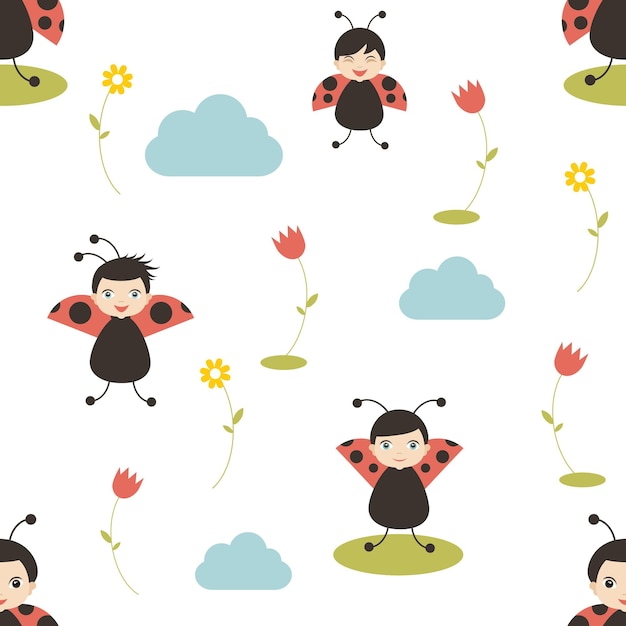 Lady bird cartoon seamless pattern bebê criança criança design fundo branco ilustração em vetor design plano