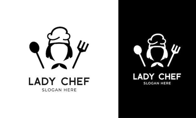 Lady chef design de logotipo com ícone de colher e garfo de chapéu