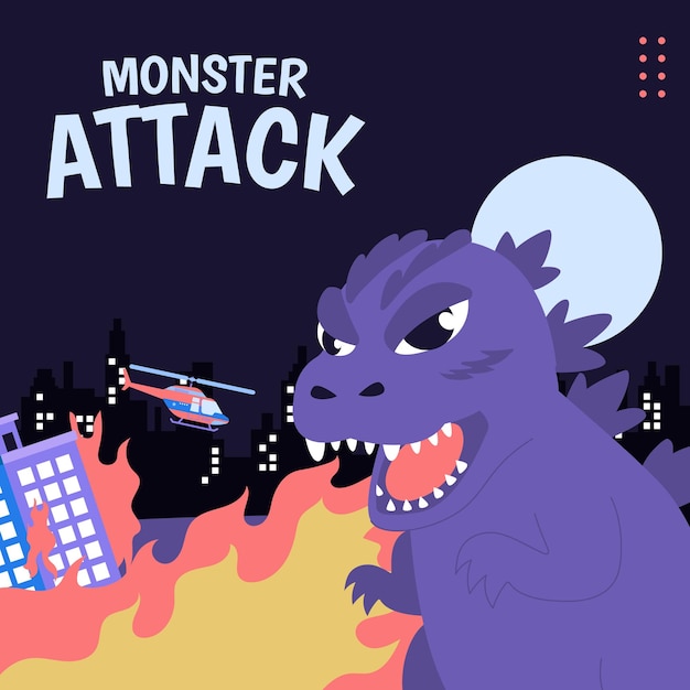 Lagarto bonito dos desenhos animados destrói a ilustração do edifício da cidade