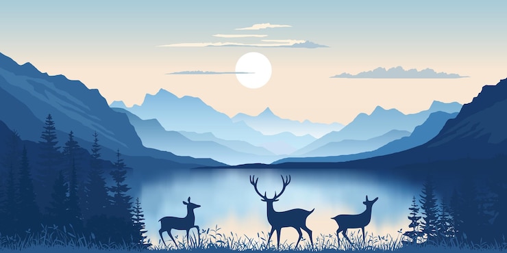 Vetor lago de montanha ao amanhecer cervo luz matinal e sol ilustração de reflexão cênica