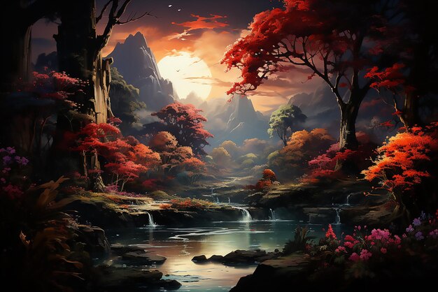 Vetor lago mágico com cachoeira e grande lua azul imagem 3d mítica de rio em uma floresta com outono