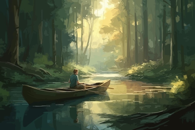Vetor lago na floresta desenho animado colorido o barco está navegando no lago o menino está na floresta ilustração vetorial