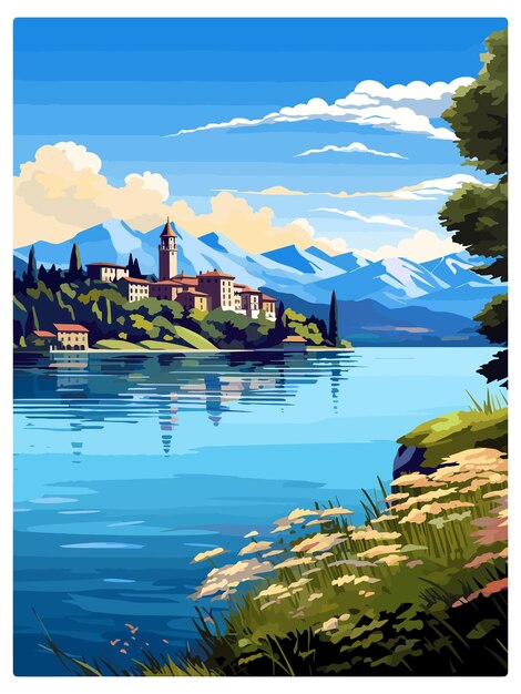 Vetor lago orta itália poster de viagem vintage souvenir cartão postal retrato pintura ilustração wpa