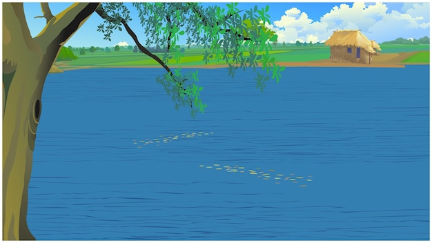 Vetor lagoa de aldeia asiática indiana em um campo de irrigação para fundo de animação de desenho animado.
