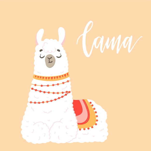 Lama em estilo cartoon. Adesivos. Ilustração de mão desenhada. Elementos para cartão postal, cartaz, banners. Design de camiseta, caderno e adesivo