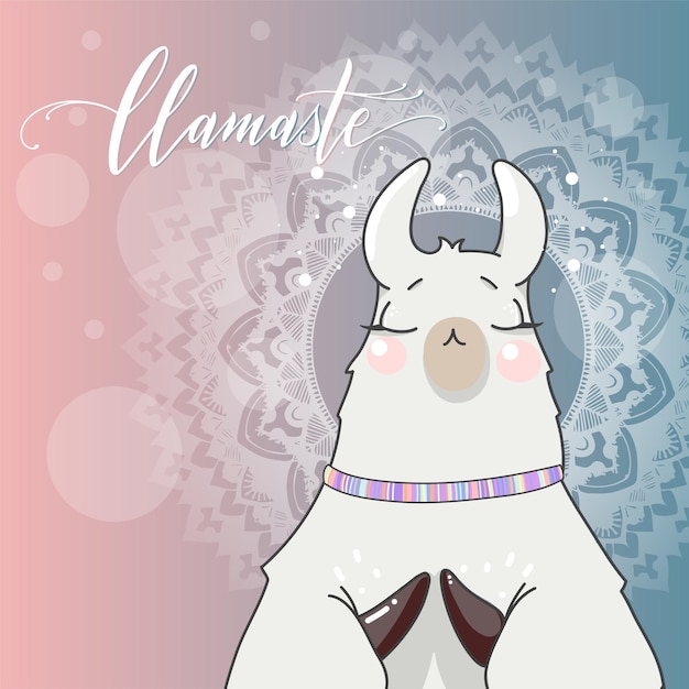 Lama em estilo cartoon. citação de namaste. fundo de mandala. mão-extraídas ilustração vetorial. elementos para cartão postal, cartaz, banners. design de camiseta, caderno e adesivo