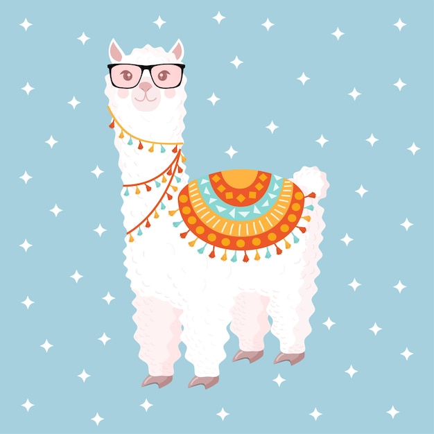 Lama festiva ou alpaca com óculos em um fundo azul com estrelas ilustração vetorial para bebê