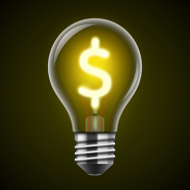 Vetor lâmpada com um cifrão brilhante em um fundo escuro conceito de preço de eletricidade banner vetorial