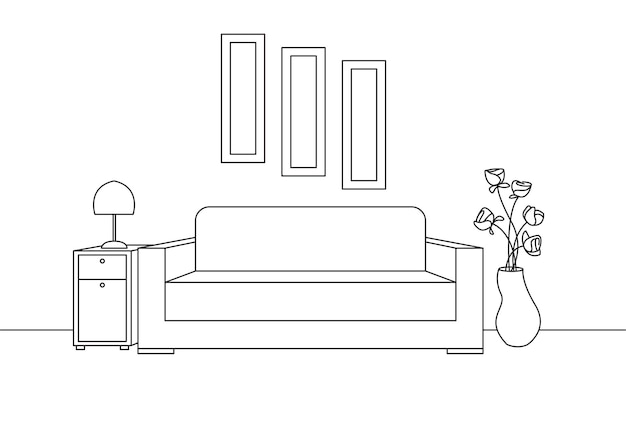 Lâmpada de assoalho do sofá interior moderno e mesa de cabeceira o relógio está pendurado na parede na frente do sofá é um tapete ilustração vetorial em estilo linear
