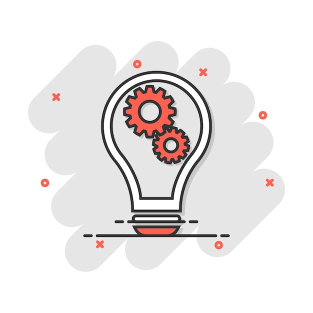 Lâmpada de desenho animado com ícone de engrenagem em estilo cômico pictograma de ilustração de ideia conceito de negócio de respingo de sinal de lâmpada