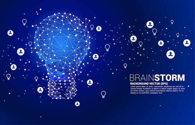Lâmpada de linhas poligonais em wireframe conecte o ponto geométrico com o ícone de pessoas