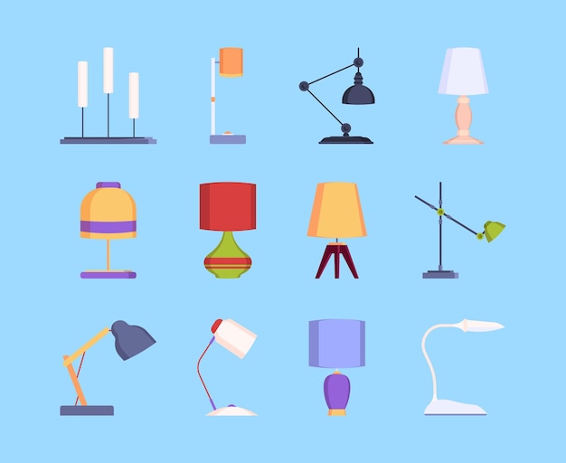 Lâmpada de mesa. Em pé lâmpada de mesa interior mobiliário decorativo moderno berrante ilustrações planas do vetor isoladas. Ilustração de equipamento elétrico leve e moderno do interior da lâmpada