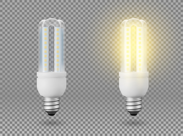 Vetor lâmpada de poupança de energia isolada, objeto em um fundo transparente, o efeito da luz e brilho. objeto 3d realista, símbolo de criatividade e idéias. conceito de negócio ou inicialização.