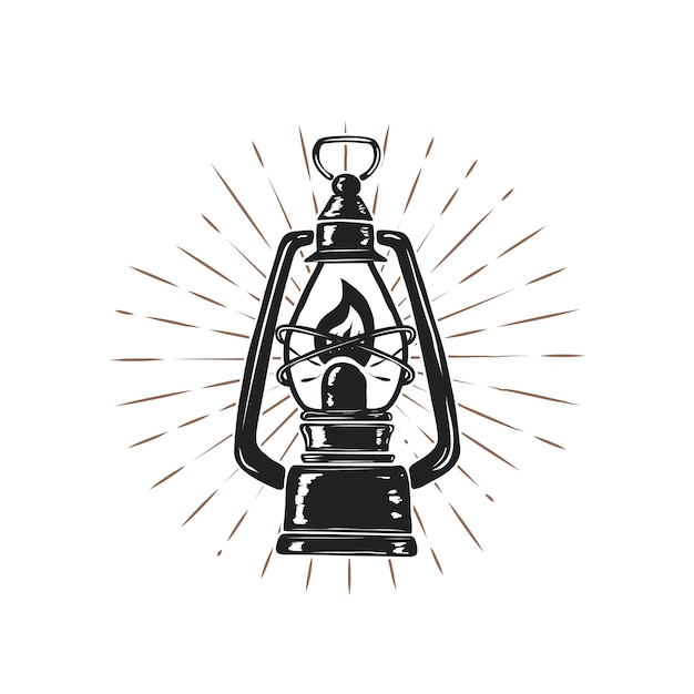 Lâmpada de querosene desenhada mão vintage no fundo sunburst. elemento para o logotipo, etiqueta, emblema, sinal, cartaz. ilustração