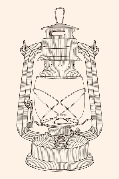 Lâmpada de querosene vintage velha com um pavio. desenho linear isolado em fundo bege.