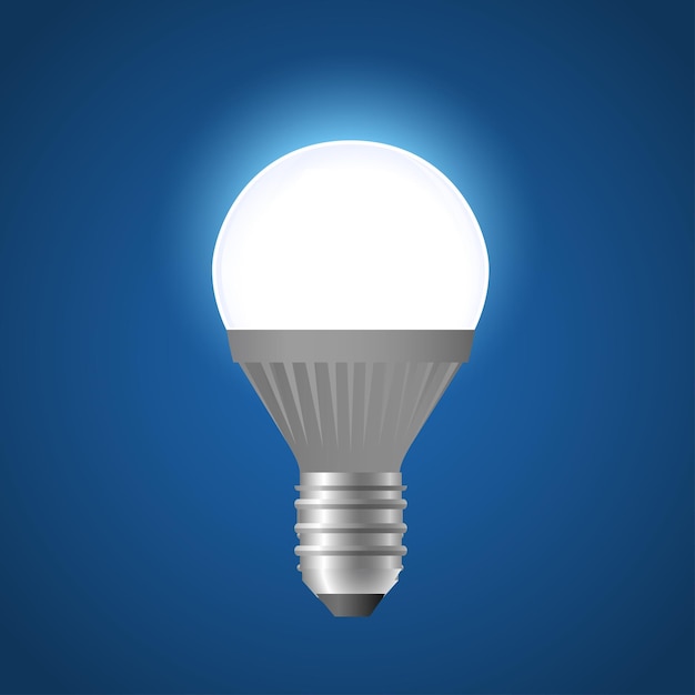 Lâmpada incandescente LED - ilustração isolada realista de vetor moderno sobre fundo azul. Objeto de alta qualidade, clip-art. Pode ser usado como uma metáfora de energia, pensamento, processo mental, ideias