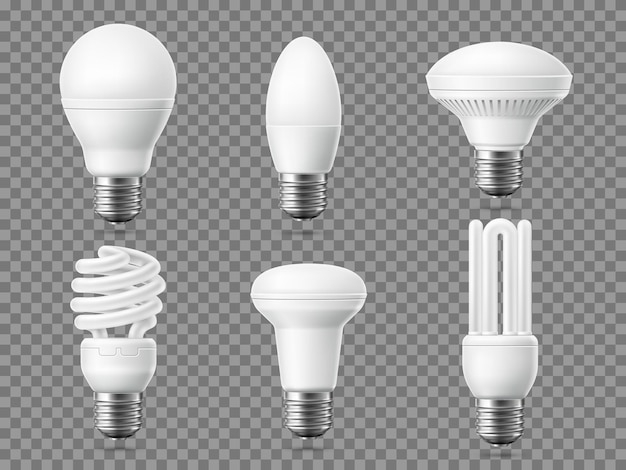 Vetor lâmpada led realista lâmpadas modernas de economia de energia objetos fluorescentes 3d diferentes formas elementos de eletricidade uso responsável de energia ecologia vetor isolado conjunto