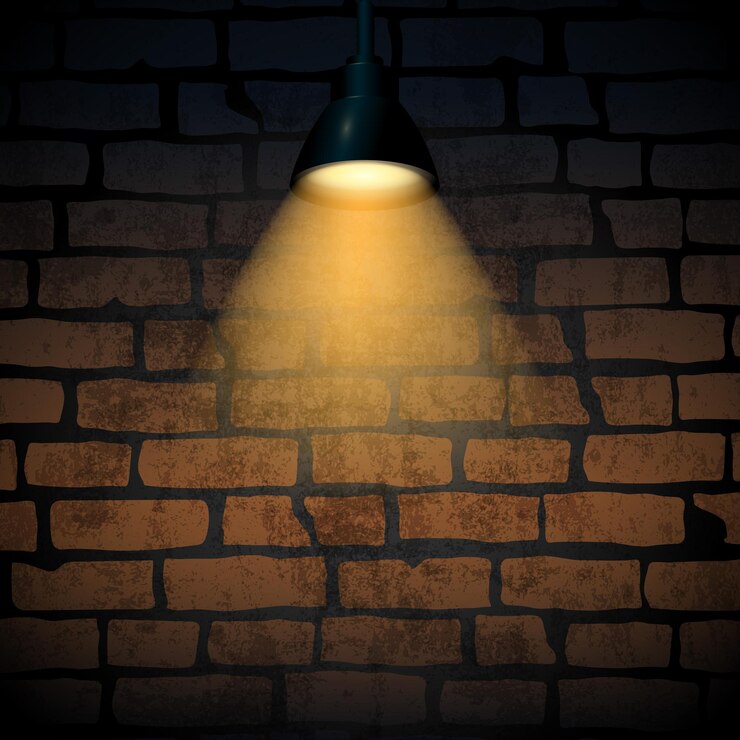 Vetor lâmpada pendurada lançando luz quente em uma parede de tijolos texturizada em um cenário escuro vector de estilo loft