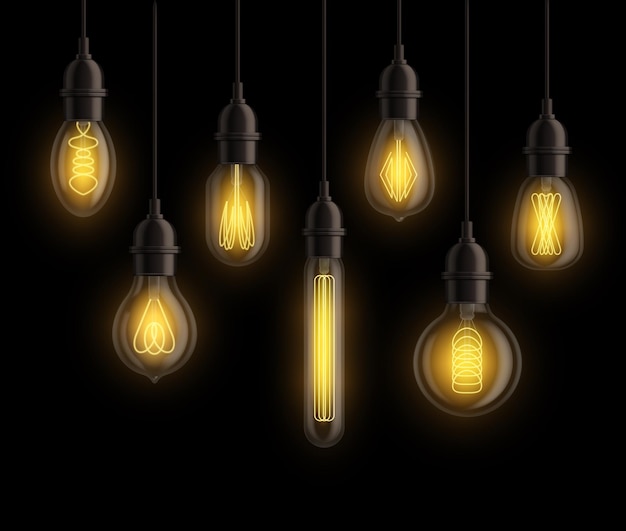 Vetor lâmpada realista design eletricidade luz lâmpada brilhante amarelo brilhante decoração 3d único elemento isolado em preto fundo escuro equipamento elétrico ideia criativa símbolo vetor ilustração