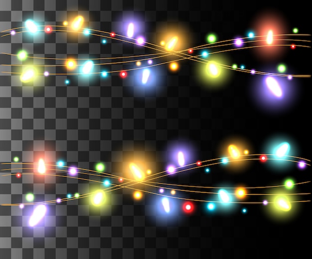 Lâmpadas coloridas brilhantes horizontais para guirlandas de feriados efeito de decorações de natal no jogo de página do site com fundo transparente e design de aplicativo móvel