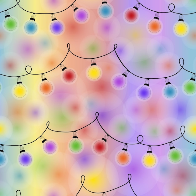 Vetor lâmpadas coloridas guirlanda padrão sem costura ilustração vetorial no arco-íris