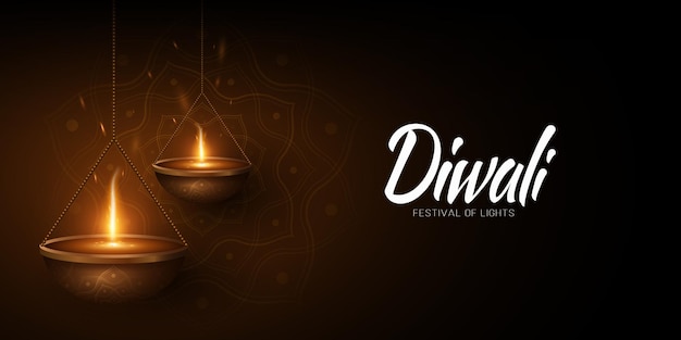 Lâmpadas de diya penduradas realistas com ornamento de mandala tradicional queimando no escuro para o feriado de diwali de luzes cartão de saudação em estilo indiano design de capa festiva 3d ilustração vetorial