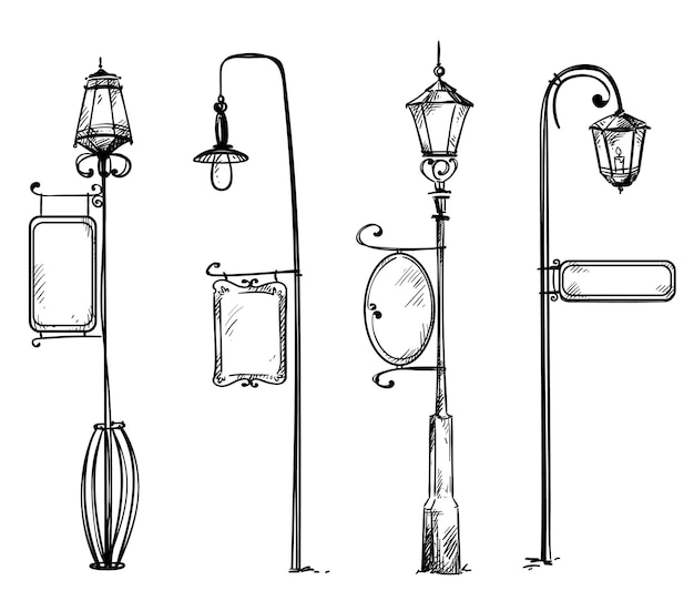 Vetor lâmpadas de rua com placas de informação, ilustração vetorial