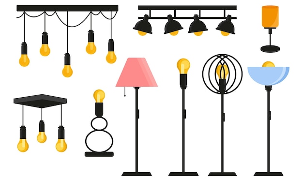 Lâmpadas definem elementos gráficos em design plano Lâmpadas Pacote de diferentes tipos de luminárias de mesa e de chão
