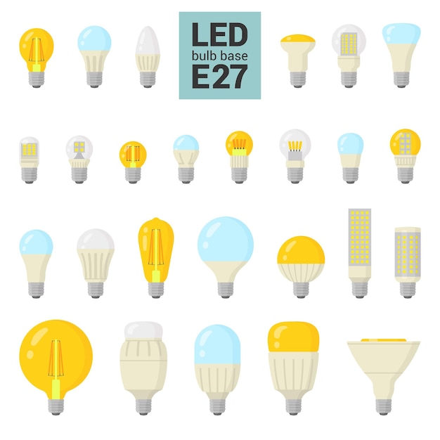 Lâmpadas LED com base E27, ícone colorido em fundo branco