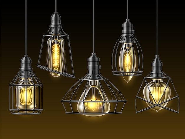 Vetor lâmpadas loft realistas lâmpadas incandescentes abajures de carcaça preta lanterna iluminada iluminação interior objetos de design edison vintage vetor pendurado no conjunto de lâmpadas de fio elétrico