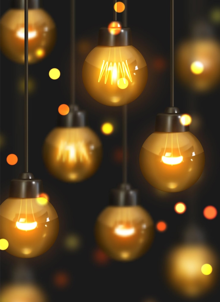 Vetor lâmpadas penduradas. plano de fundo desing retrô da lâmpada edison. decoração de iluminação. estilo vintage. lâmpada velha brilhante realista incandescen. ilustração vetorial