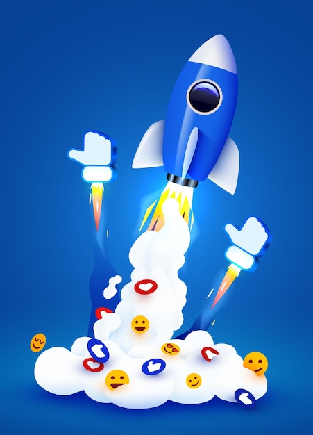 Vetor lançamento de foguete com gostos de fumaça e ícones de mídia social conceito de impulso de marketing