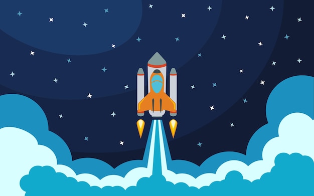 Lançamento de foguete espacial. Ilustração vetorial com foguete voador. Viagem ao espaço. Desenvolvimento de projeto. Ideia criativa.
