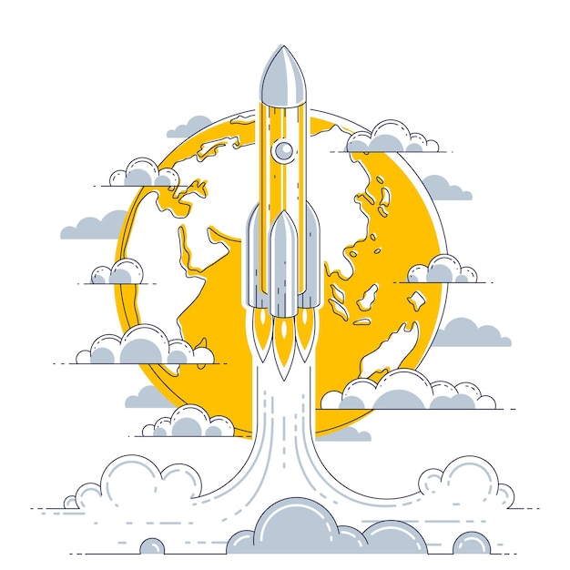 Lançamento de foguete no espaço desconhecido com o planeta terra em segundo plano. explore o universo, ciência espacial de tirar o fôlego. ilustração em vetor 3d linha fina isolada no branco.