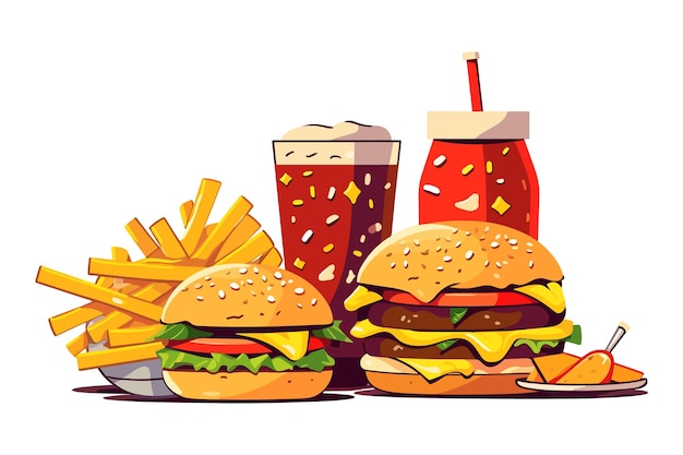 Vetor lanche delicioso de fast-food com coca-cola de hambúrguer e legumes frescos em uma ilustração de fundo branco ilustração de coca-cola quente e picante de batatas fritas