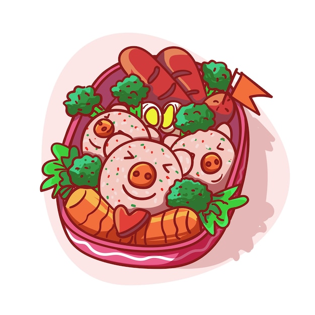 Lancheira fofa e kawaii com ilustração colorida do menu de arroz em forma de porco