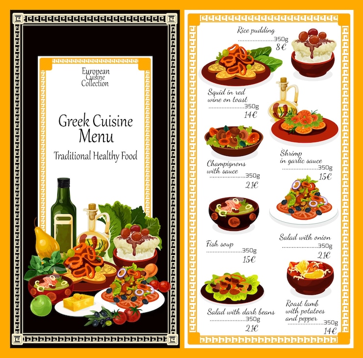 Vetor lanches de cozinha grega e menu de pratos de saladas