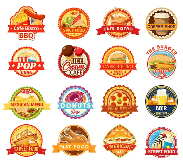 Lanches de fast-food, sobremesas e ícones de bebida