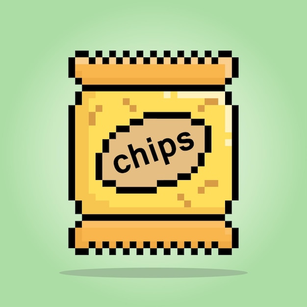 Lanches de pixel de 8 bits empacotamento de batatas fritas de alimentos para ativos de jogos em ilustrações vetoriais