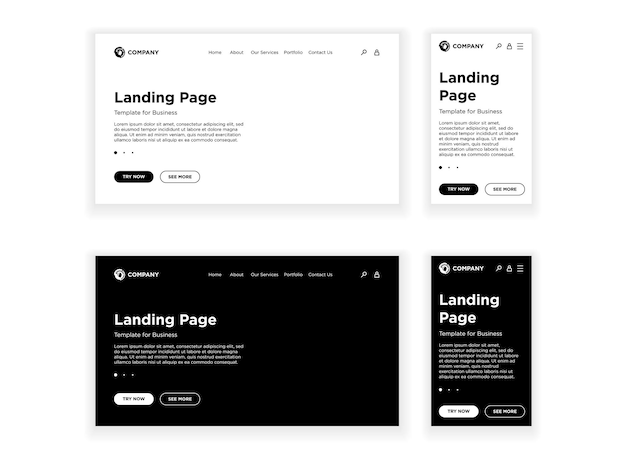 Landing page blank template desktop pc e mobile version adaptive set empty site white and black