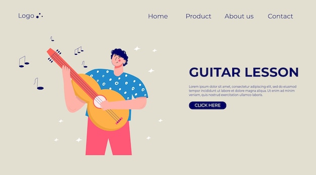 Vetor landing page com aula de guitarra de pessoas modernas conjunto de personagens desfrutando de seus hobbies lazer ilustração vetorial em estilo cartoon plana